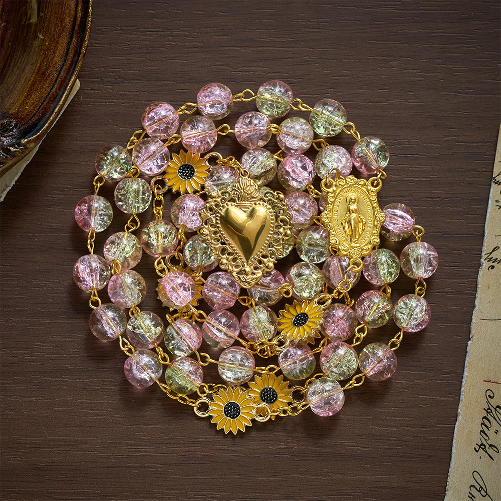 SolaceBeads Sunflower Floral Pink &amp; Yellow Crackle Glass Rosary: Rooted in Sunny Sacred Blessing - image 5