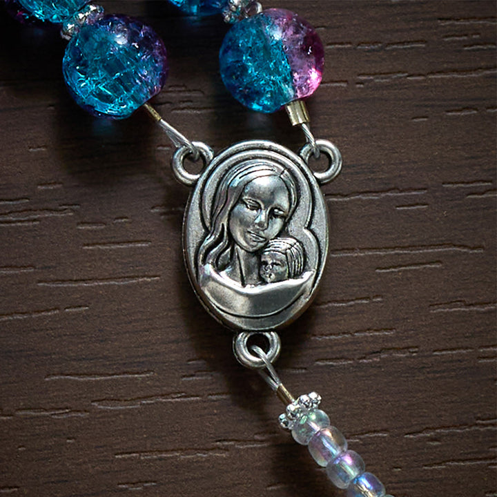Solacebeads Blue-purple Crackle Glass Rosary With Crucifix: The Warm Devotion Of Madonna And Child  - image 3