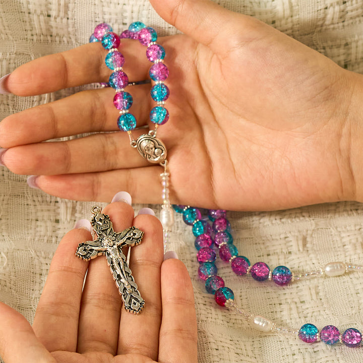 Solacebeads Blue-purple Crackle Glass Rosary With Crucifix: The Warm Devotion Of Madonna And Child  - image 1