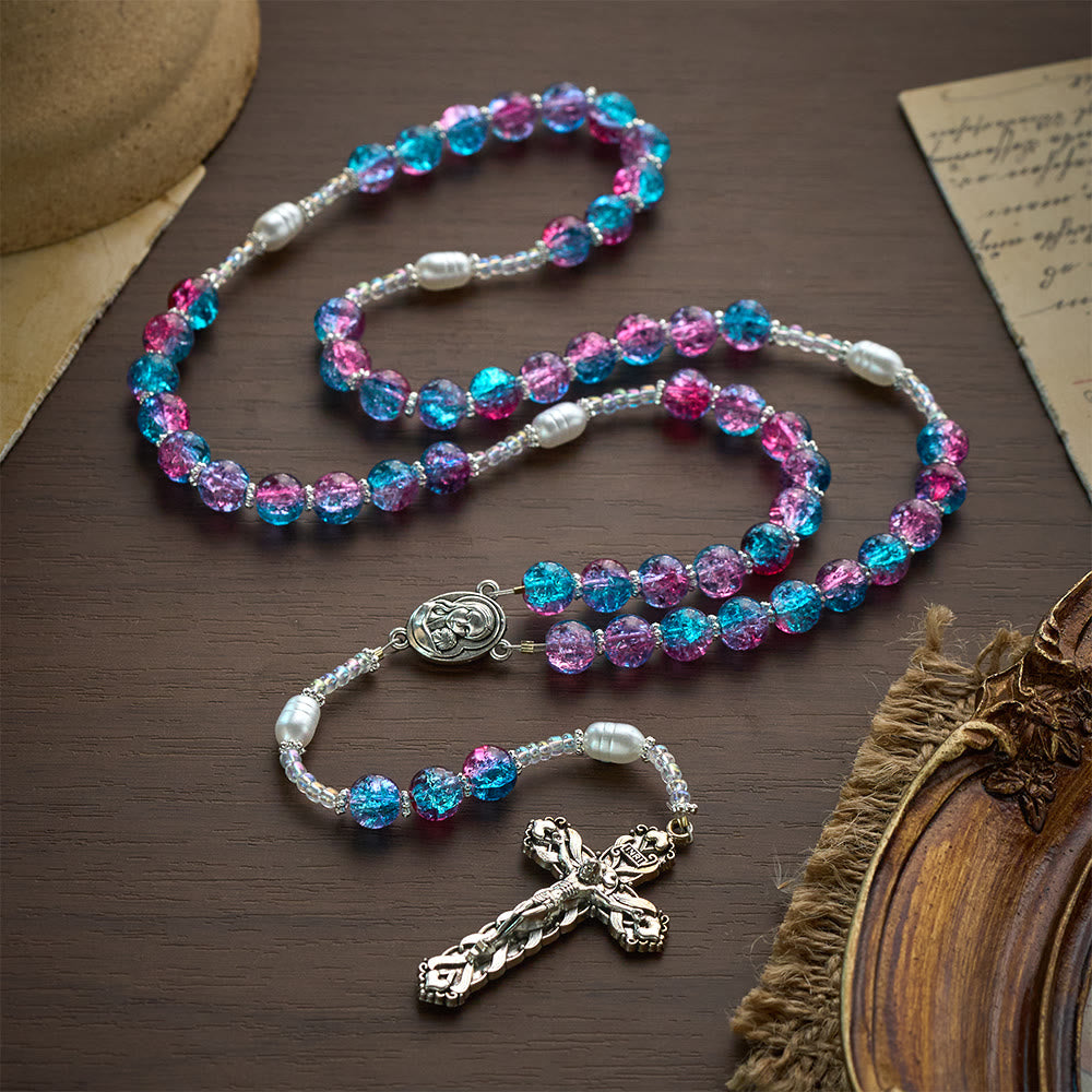 Solacebeads Blue-purple Crackle Glass Rosary With Crucifix: The Warm Devotion Of Madonna And Child  - Blue &amp; Yellow - image 0