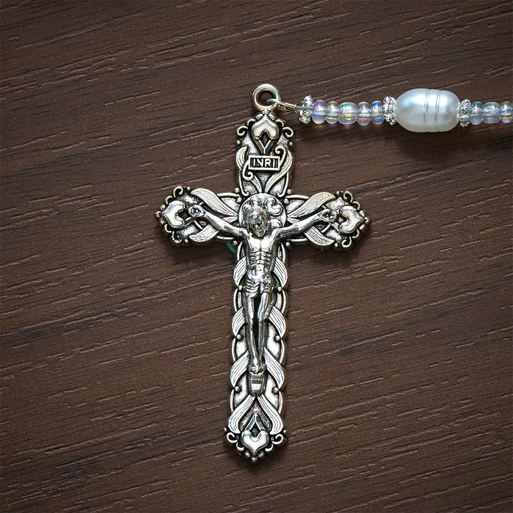 Solacebeads Blue-purple Crackle Glass Rosary With Crucifix: The Warm Devotion Of Madonna And Child  - image 4