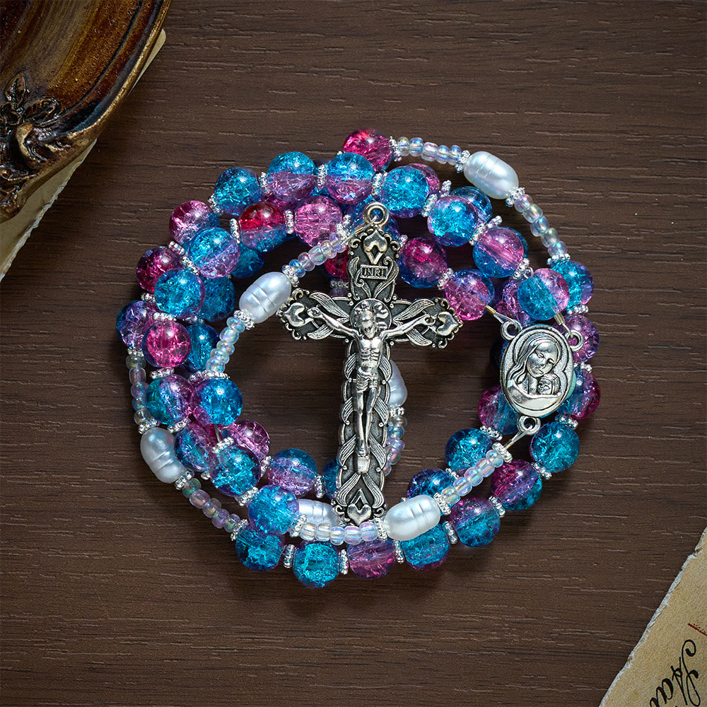 Solacebeads Blue-purple Crackle Glass Rosary With Crucifix: The Warm Devotion Of Madonna And Child  - image 5