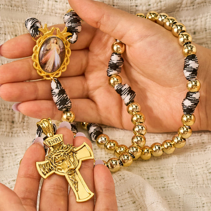 SolaceBeads Woven Art Rosary, Gold Beads, Divine Mercy &amp; Holy Face Cross: Steadfast Faith Devotion - image 1