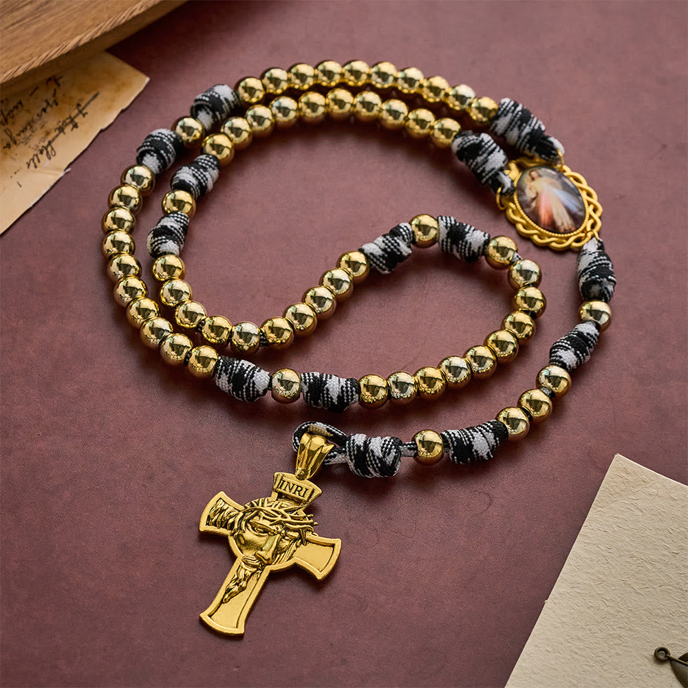 SolaceBeads Woven Art Rosary, Gold Beads, Divine Mercy &amp; Holy Face Cross: Steadfast Faith Devotion - image 3