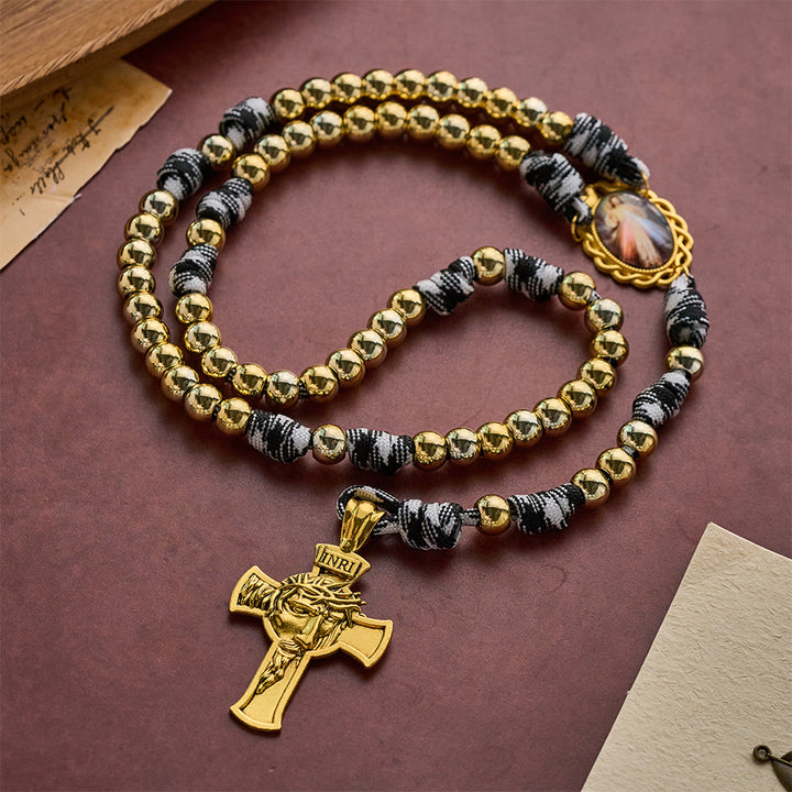 SolaceBeads Woven Art Rosary, Gold Beads, Divine Mercy &amp; Holy Face Cross: Steadfast Faith Devotion - image 3