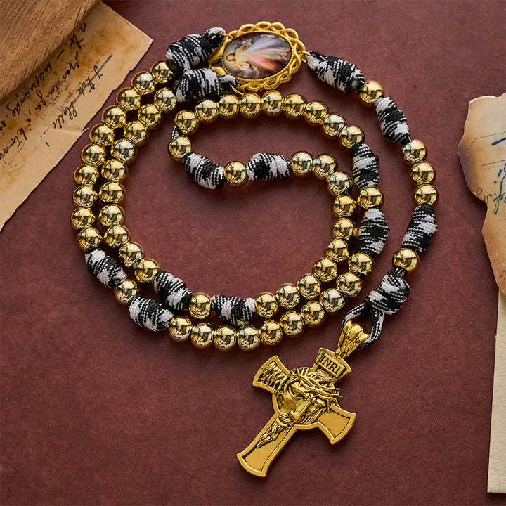 SolaceBeads Woven Art Rosary, Gold Beads, Divine Mercy &amp; Holy Face Cross: Steadfast Faith Devotion - image 2