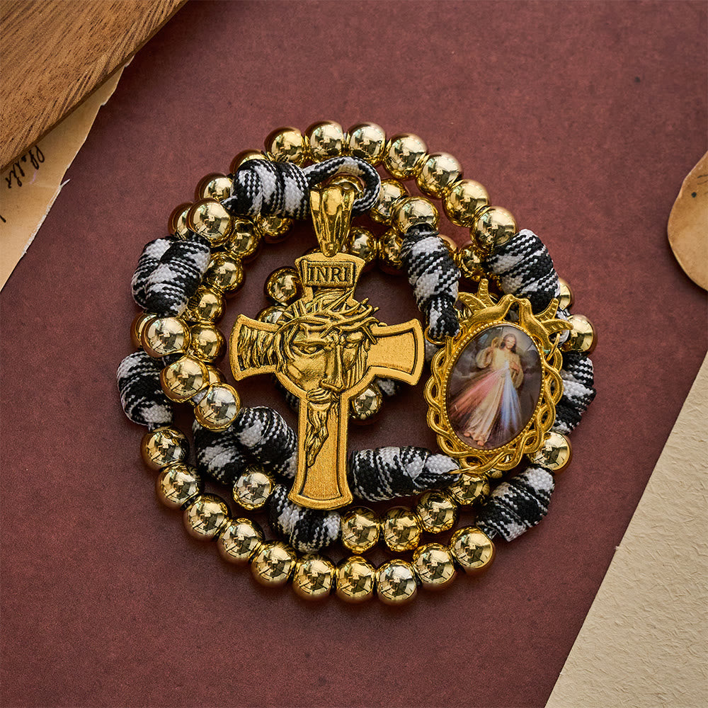SolaceBeads Woven Art Rosary, Gold Beads, Divine Mercy &amp; Holy Face Cross: Steadfast Faith Devotion - image 9