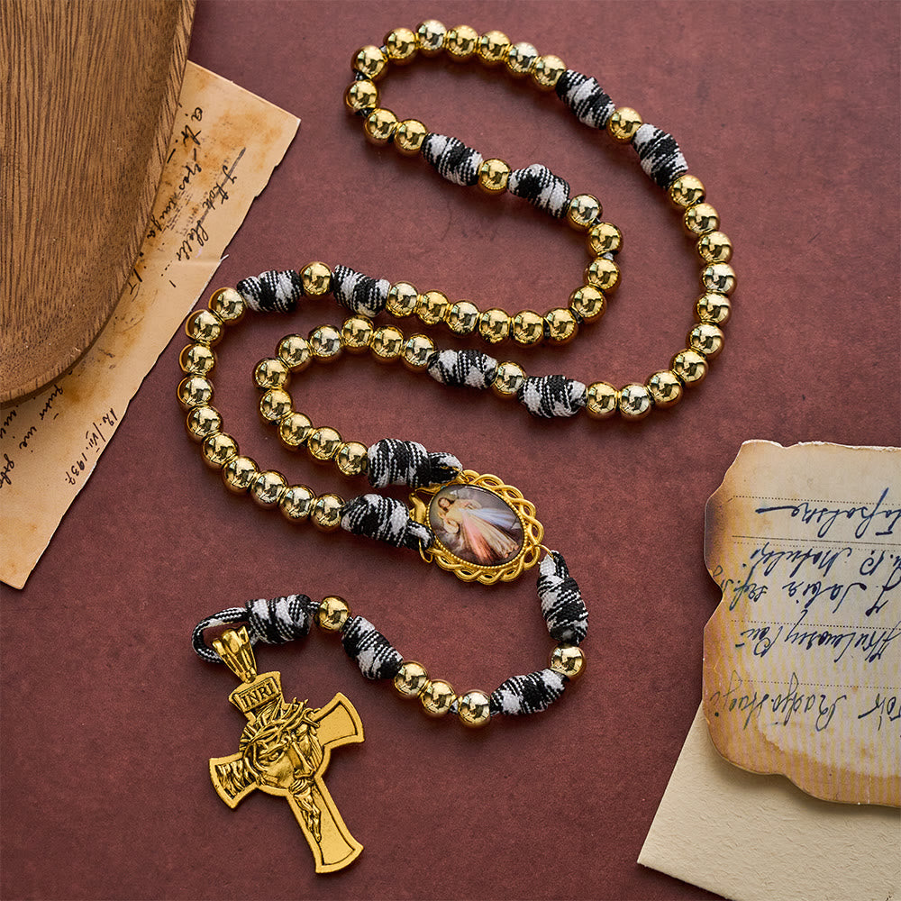 SolaceBeads Woven Art Rosary, Gold Beads, Divine Mercy &amp; Holy Face Cross: Steadfast Faith Devotion - image 5