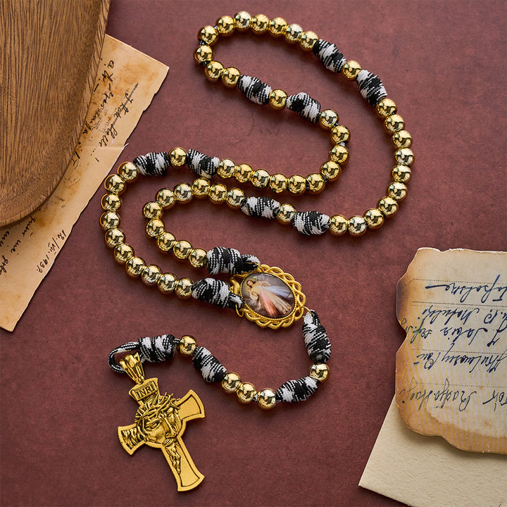 SolaceBeads Woven Art Rosary, Gold Beads, Divine Mercy &amp; Holy Face Cross: Steadfast Faith Devotion - image 5