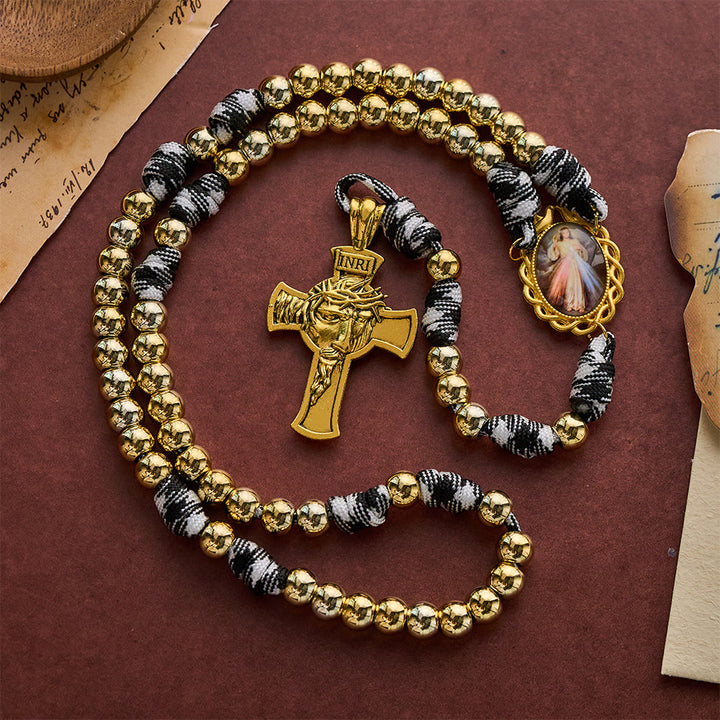 SolaceBeads Woven Art Rosary, Gold Beads, Divine Mercy &amp; Holy Face Cross: Steadfast Faith Devotion - Gold - image 0