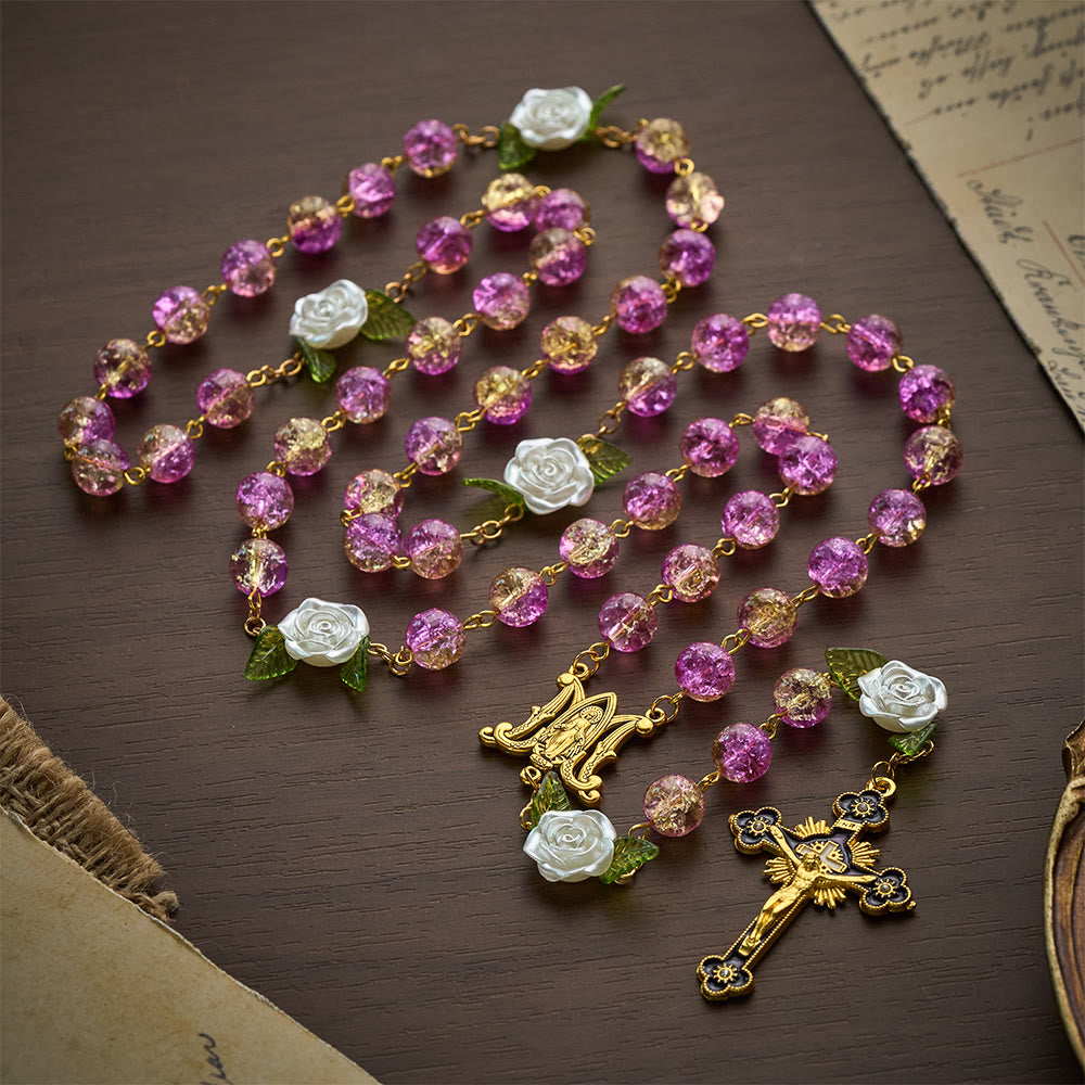 SolaceBeads Purple &amp; Orange Glass Rosary, Rose &amp; Madonna: Bright Luminous Devotion - Purple-orange - image 0