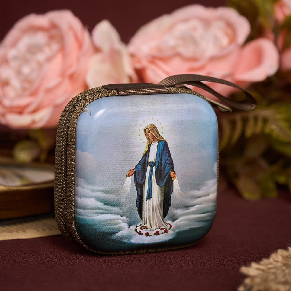 SolaceBeads Square Miraculous Mary Rosary Case, Zipper Wrist Strap: Sturdy Protective Prayer Storage - image 1