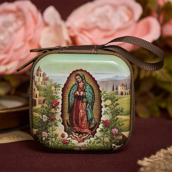 Solacebeads Our Lady Of Guadalupe Rosary Case With Carry Strap: The Gracious Intercessory Blessing - Our Lady of Guadalupe &amp; Garden Rose Vines - image 1