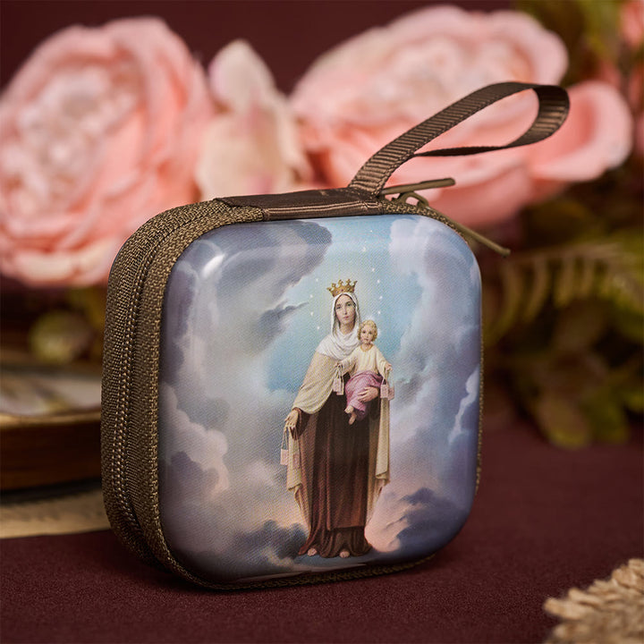 SolaceBeads Square Our Lady of Mount Carmel Rosary Case, Zipper Wrist Strap: Steadfast Protective - image 1