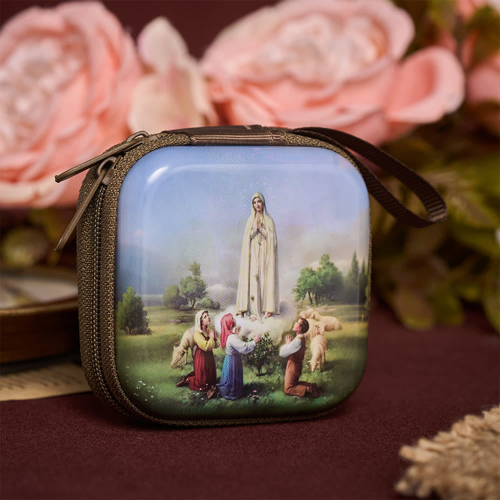 SolaceBeads Square Our Lady of Fatima Rosary Case, Zipper Wrist Strap: Sacred Prayer Sanctuary Protector - image 1