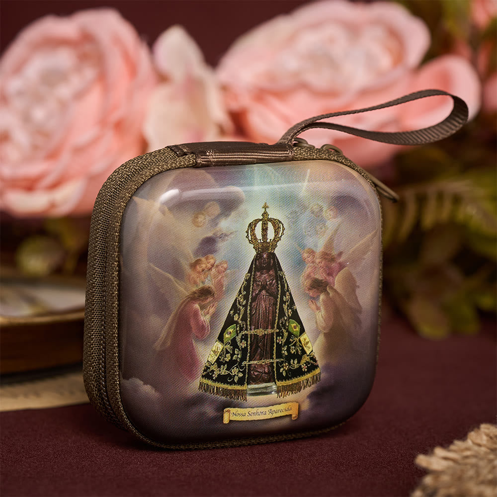 SolaceBeads Square Our Lady of Aparecida Rosary Case, Zipper Wrist Strap: Sacred Prayer Sanctuary Storage - image 0
