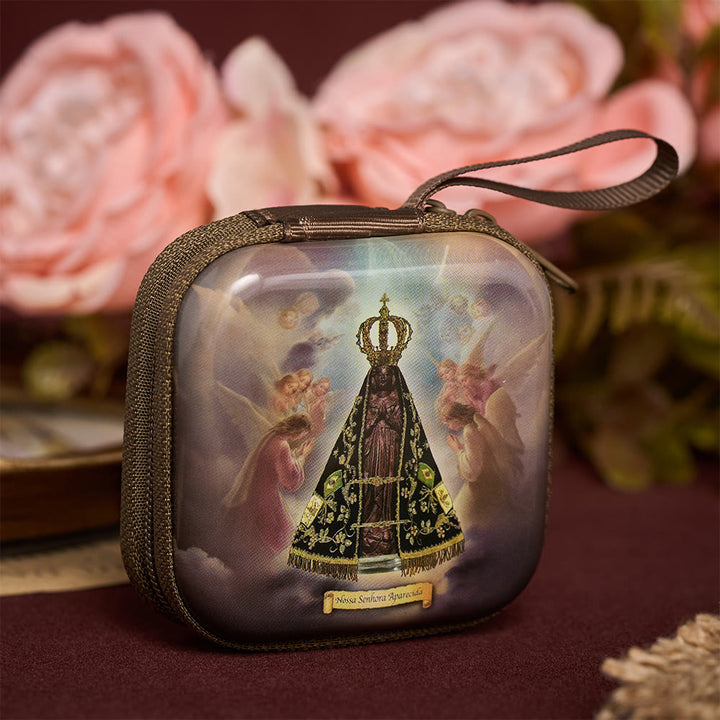 SolaceBeads Square Our Lady of Aparecida Rosary Case, Zipper Wrist Strap: Sacred Prayer Sanctuary Storage - image 1