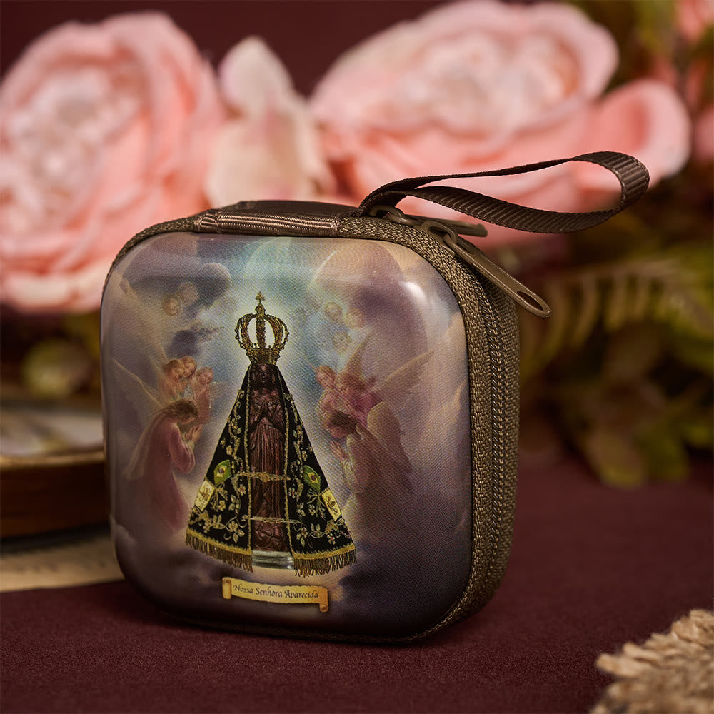 SolaceBeads Square Our Lady of Aparecida Rosary Case, Zipper Wrist Strap: Sacred Prayer Sanctuary Storage - image 1