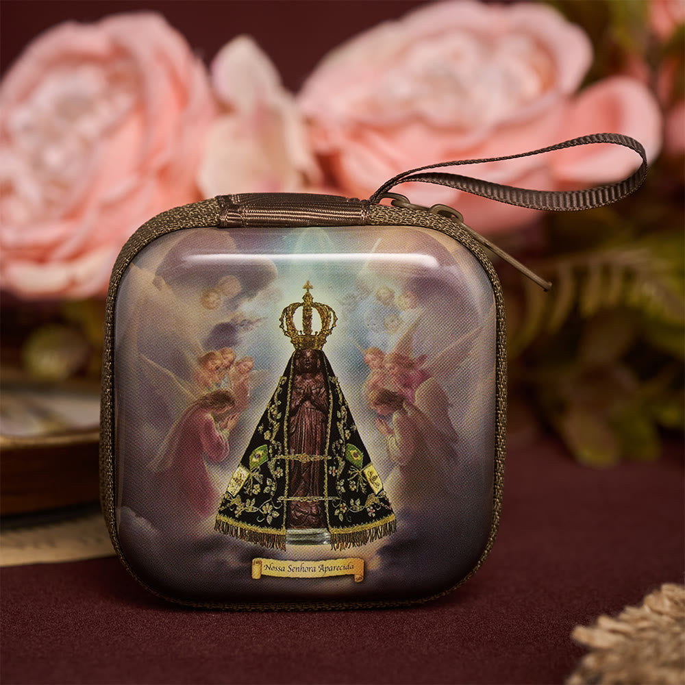 SolaceBeads Square Our Lady of Aparecida Rosary Case, Zipper Wrist Strap: Sacred Prayer Sanctuary Storage - image 0