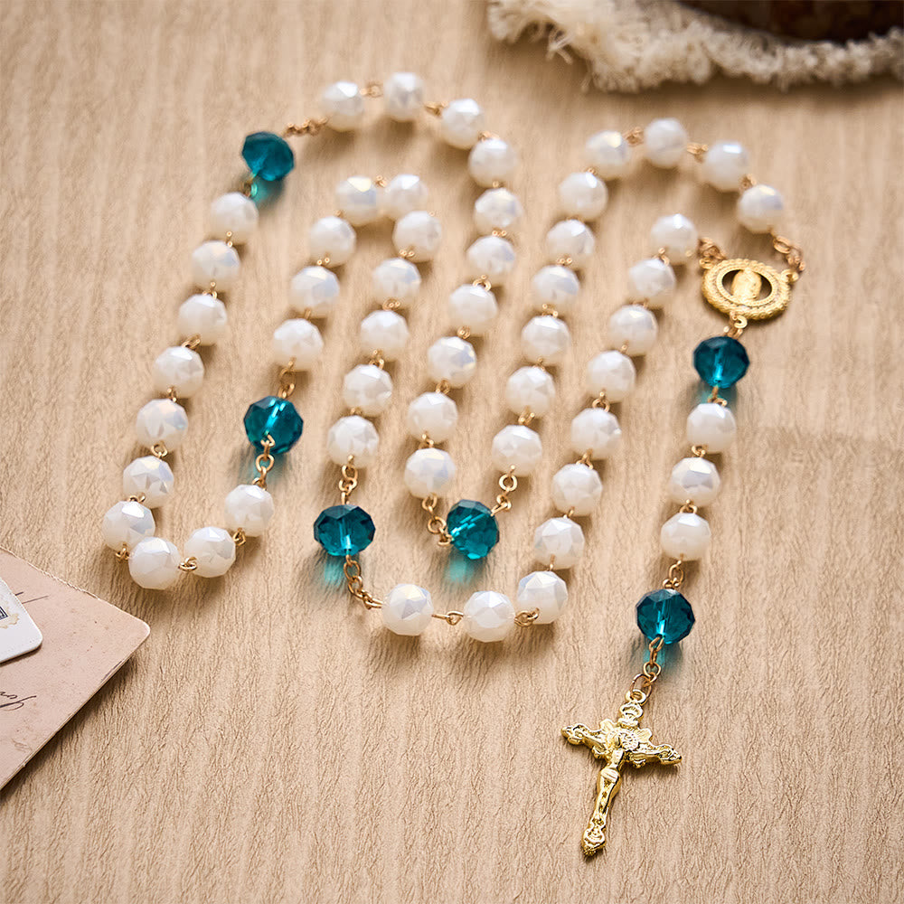 SolaceBeads White Faceted Crystal Rosary, Peacock Blue Accents, Guadalupe Medal: Soft Pure Devotion - image 2