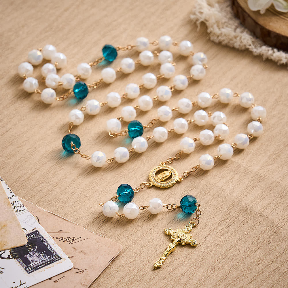 SolaceBeads White Faceted Crystal Rosary, Peacock Blue Accents, Guadalupe Medal: Soft Pure Devotion - image 9