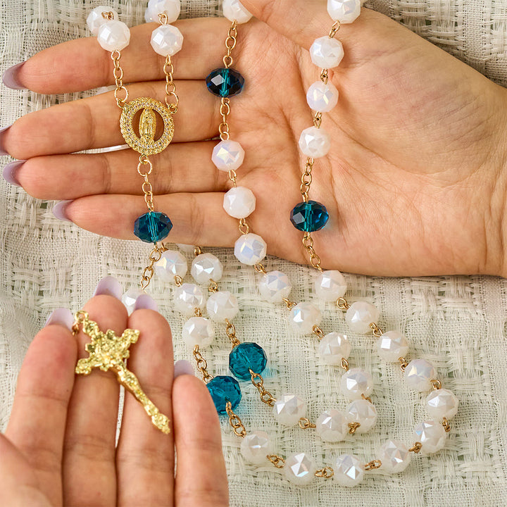 SolaceBeads White Faceted Crystal Rosary, Peacock Blue Accents, Guadalupe Medal: Soft Pure Devotion - image 1