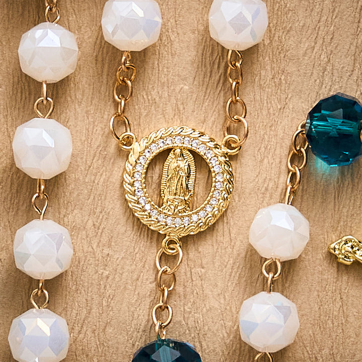 SolaceBeads White Faceted Crystal Rosary, Peacock Blue Accents, Guadalupe Medal: Soft Pure Devotion - image 6