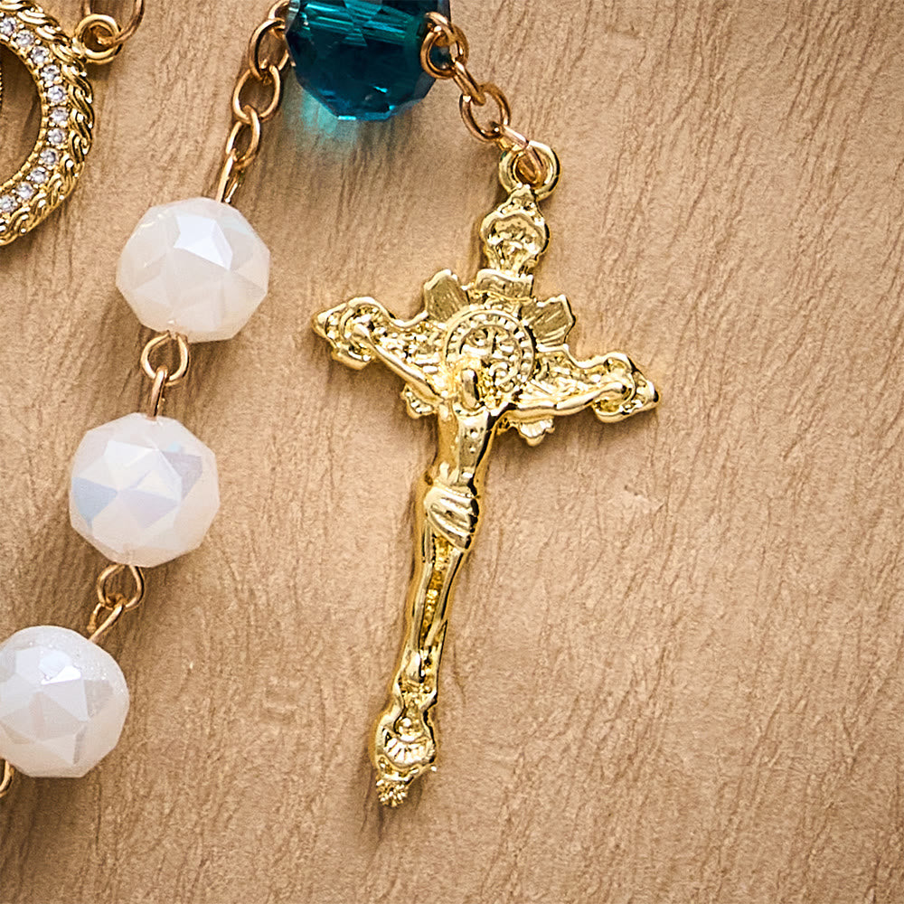 SolaceBeads White Faceted Crystal Rosary, Peacock Blue Accents, Guadalupe Medal: Soft Pure Devotion - image 7