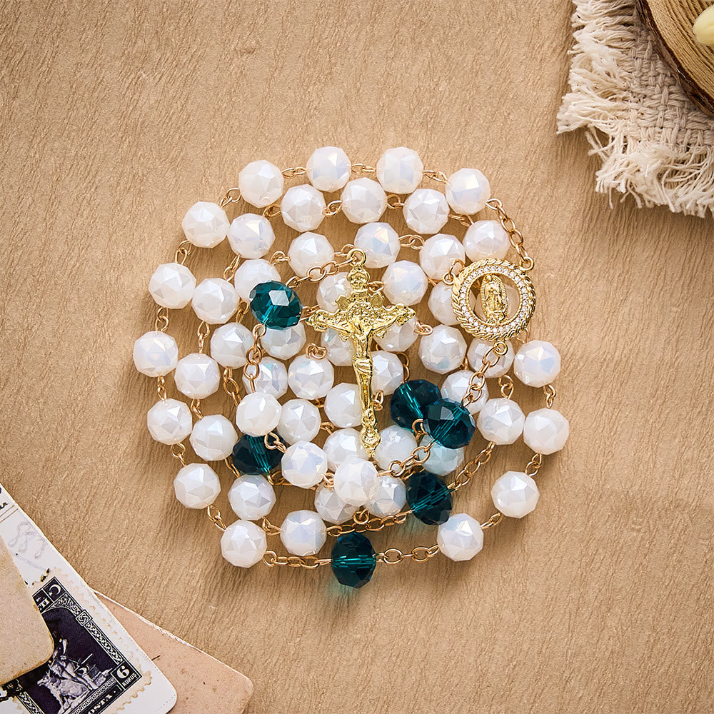 SolaceBeads White Faceted Crystal Rosary, Peacock Blue Accents, Guadalupe Medal: Soft Pure Devotion - image 8