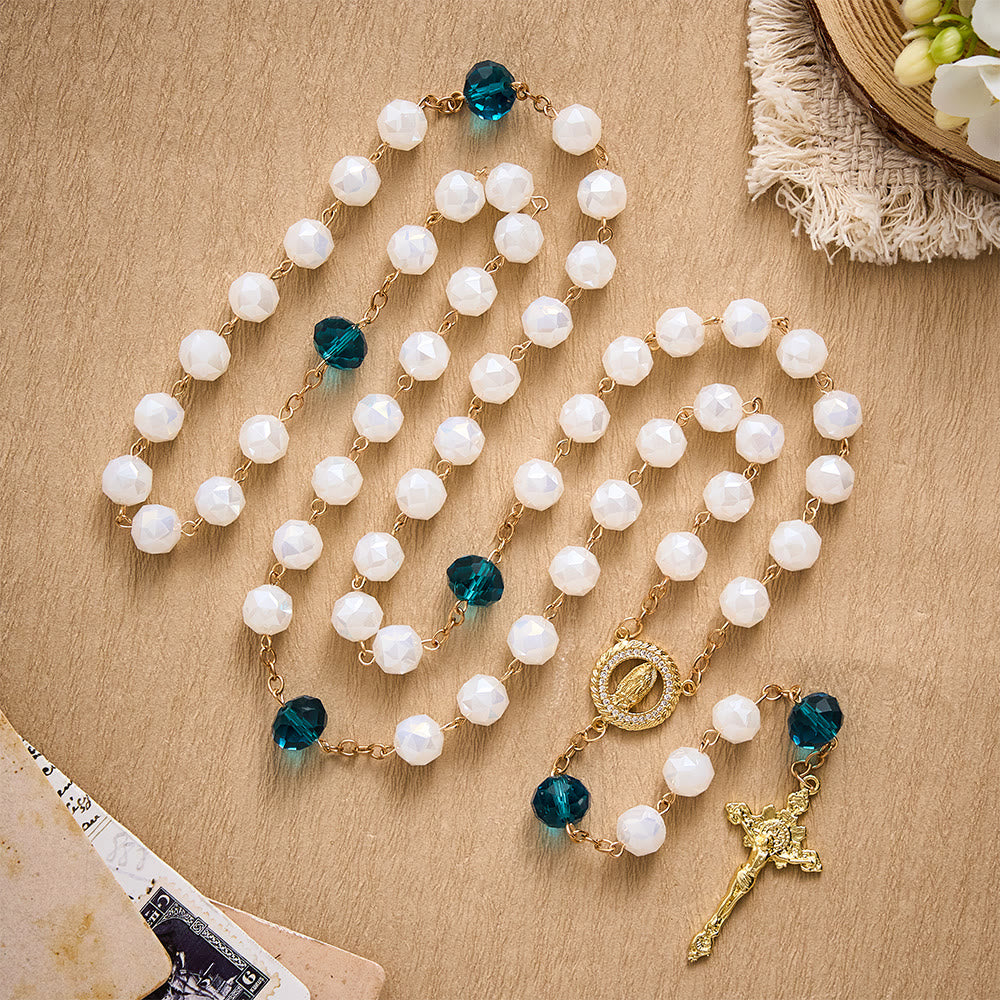 SolaceBeads White Faceted Crystal Rosary, Peacock Blue Accents, Guadalupe Medal: Soft Pure Devotion - Jade White - image 0