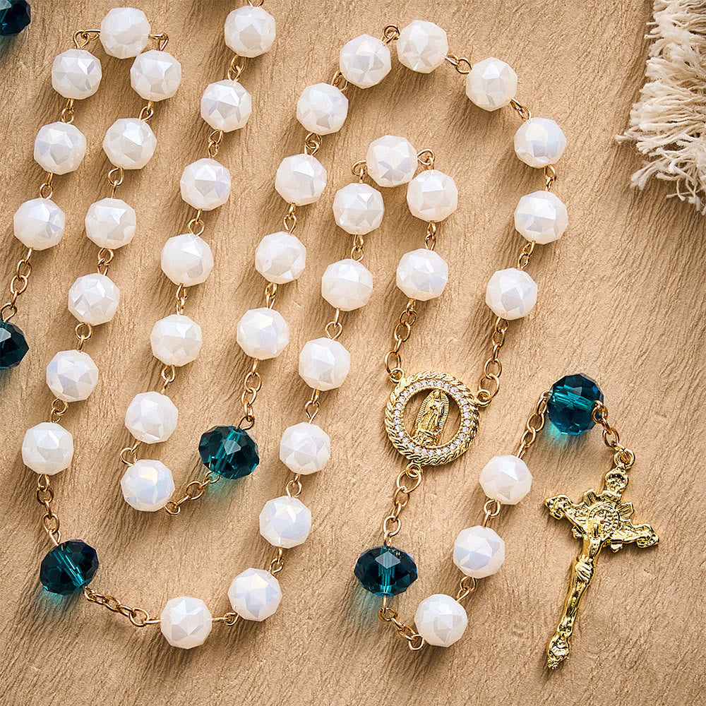 SolaceBeads White Faceted Crystal Rosary, Peacock Blue Accents, Guadalupe Medal: Soft Pure Devotion - image 4