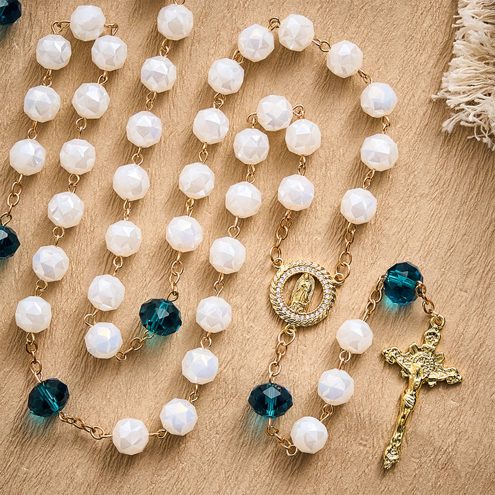 SolaceBeads White Faceted Crystal Rosary, Peacock Blue Accents, Guadalupe Medal: Soft Pure Devotion - image 4
