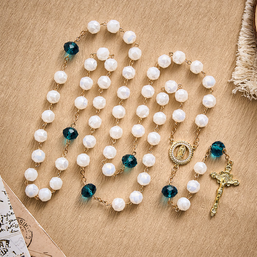 SolaceBeads White Faceted Crystal Rosary, Peacock Blue Accents, Guadalupe Medal: Soft Pure Devotion - image 3