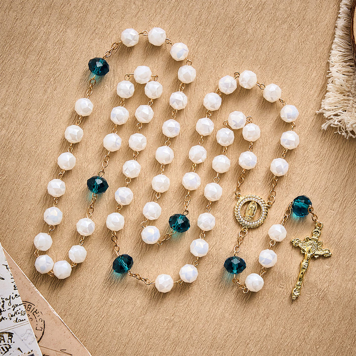 SolaceBeads White Faceted Crystal Rosary, Peacock Blue Accents, Guadalupe Medal: Soft Pure Devotion - image 3
