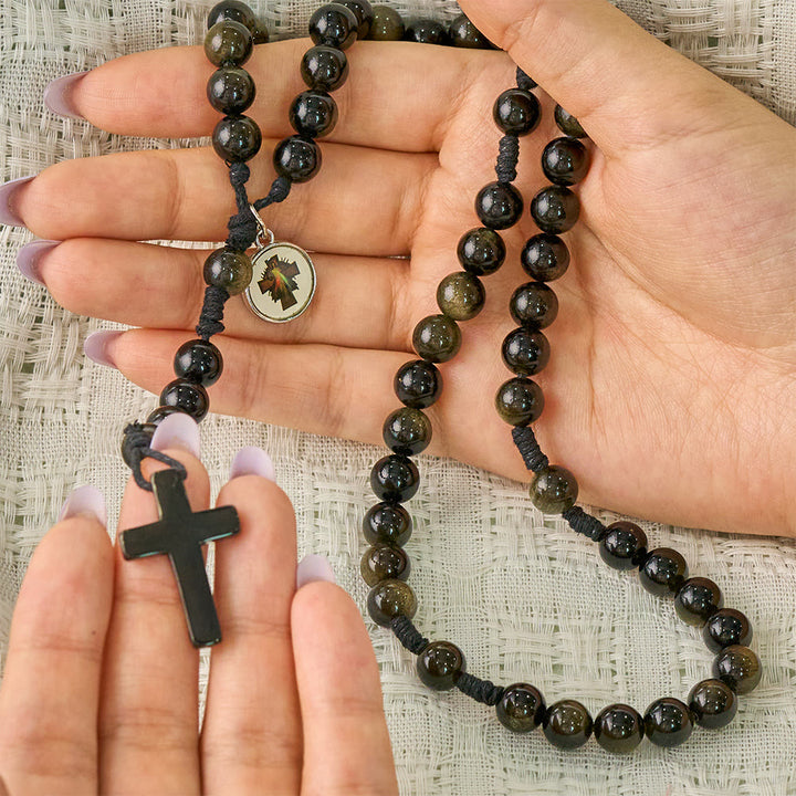 SolaceBeads Golden Obsidian Divine Mercy Stone Rosary &amp; Black Cross:The Merciful Redemptive Devotion - image 1