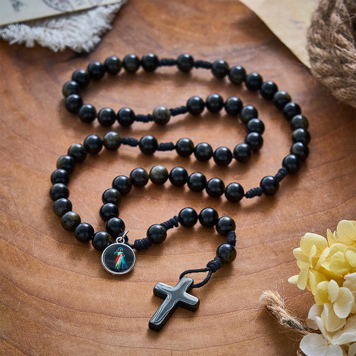SolaceBeads Golden Obsidian Divine Mercy Stone Rosary &amp; Black Cross:The Merciful Redemptive Devotion - Golden Obsidian - image 0