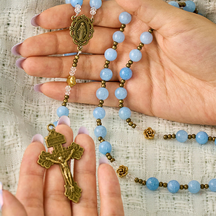 Solacebeads Light Aquamarine Stone Rosary With Metal Rose Accents: The Calming Blessing Of Maria - image 1