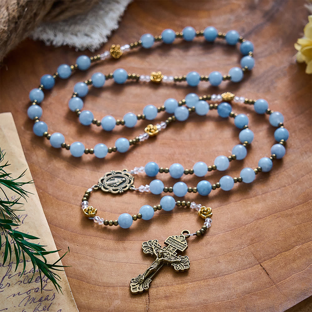 Solacebeads Light Aquamarine Stone Rosary With Metal Rose Accents: The Calming Blessing Of Maria - image 9
