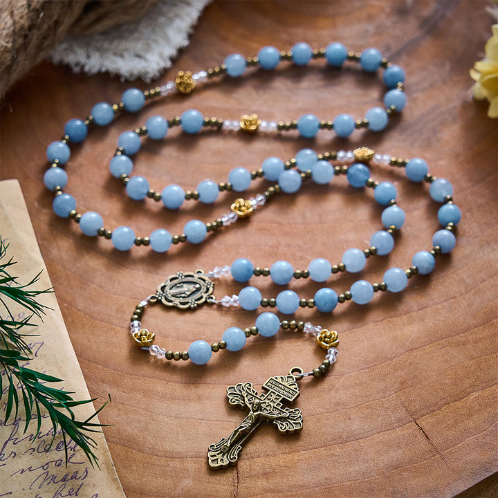 Solacebeads Light Aquamarine Stone Rosary With Metal Rose Accents: The Calming Blessing Of Maria - image 9