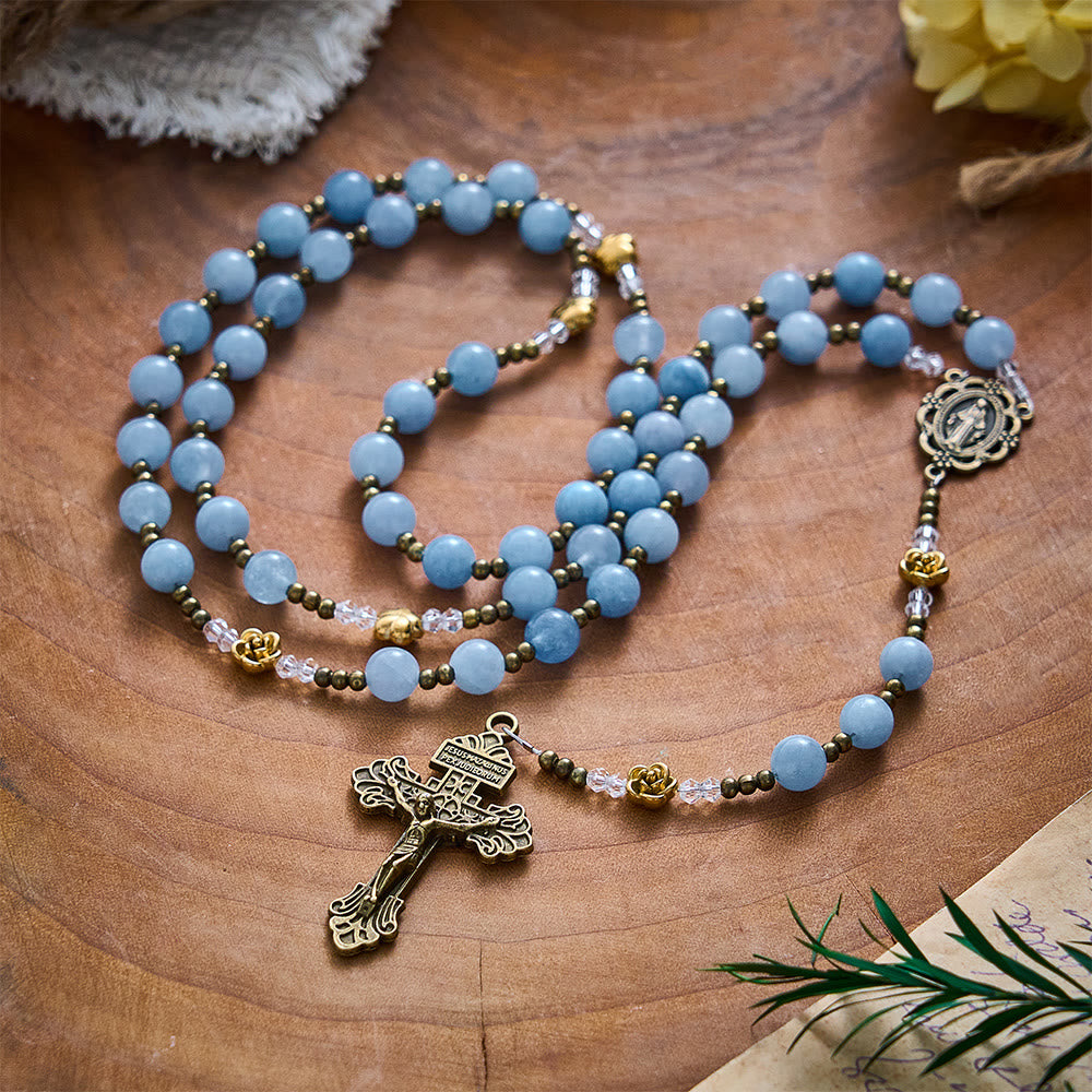 Solacebeads Light Aquamarine Stone Rosary With Metal Rose Accents: The Calming Blessing Of Maria - image 8