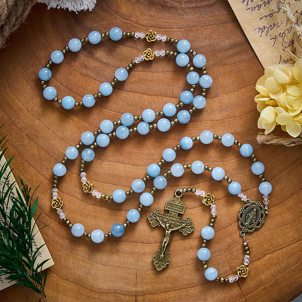 Solacebeads Light Aquamarine Stone Rosary With Metal Rose Accents: The Calming Blessing Of Maria - image 7
