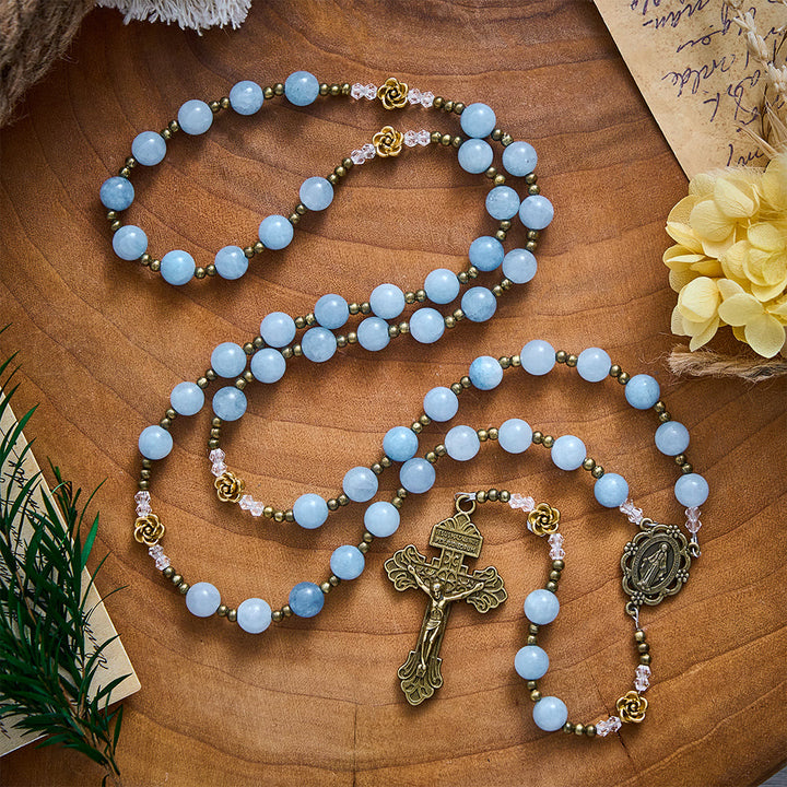 Solacebeads Light Aquamarine Stone Rosary With Metal Rose Accents: The Calming Blessing Of Maria - image 7
