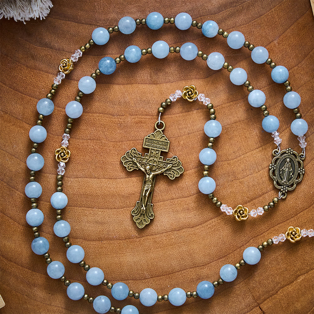 Solacebeads Light Aquamarine Stone Rosary With Metal Rose Accents: The Calming Blessing Of Maria - image 6