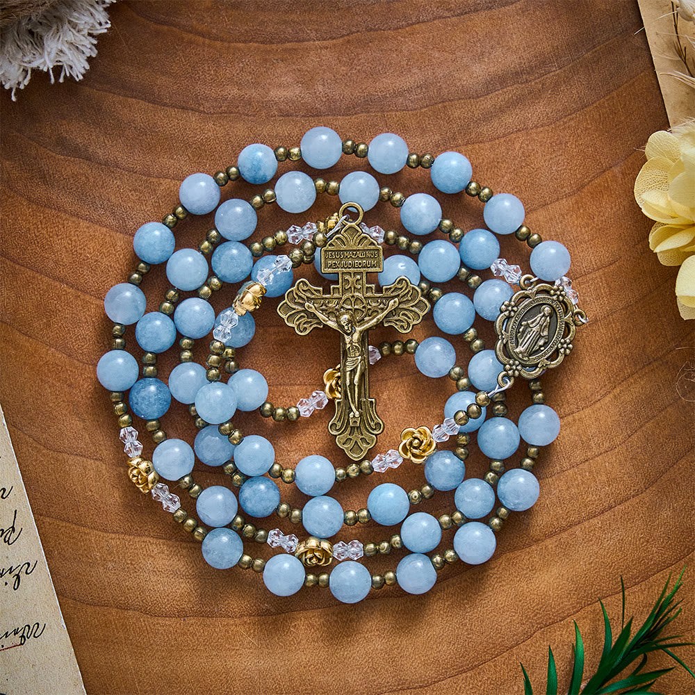 Solacebeads Light Aquamarine Stone Rosary With Metal Rose Accents: The Calming Blessing Of Maria - image 5