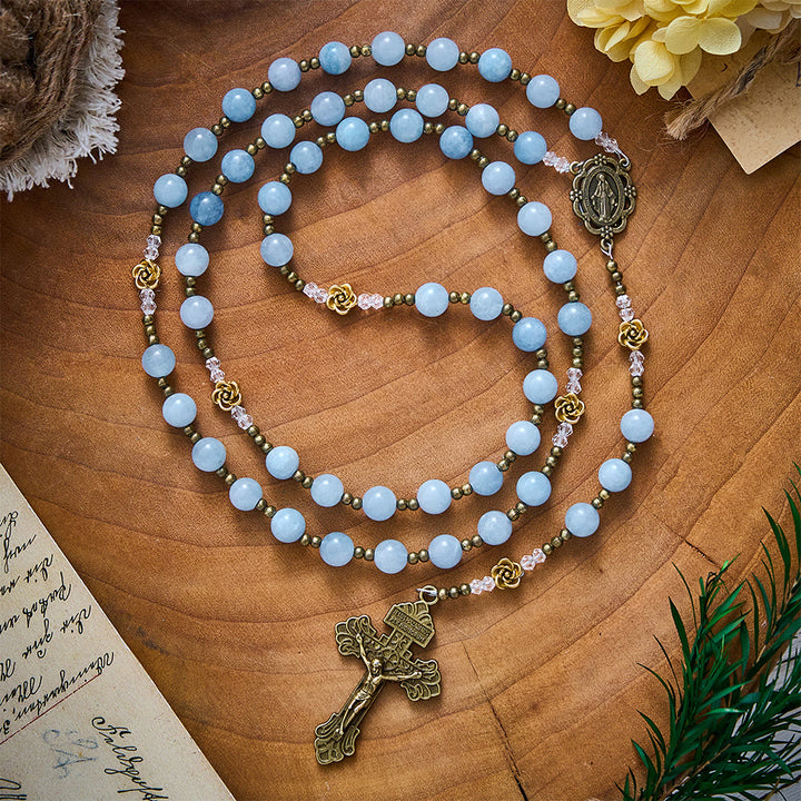 Solacebeads Light Aquamarine Stone Rosary With Metal Rose Accents: The Calming Blessing Of Maria - Light Aquamarine - image 0