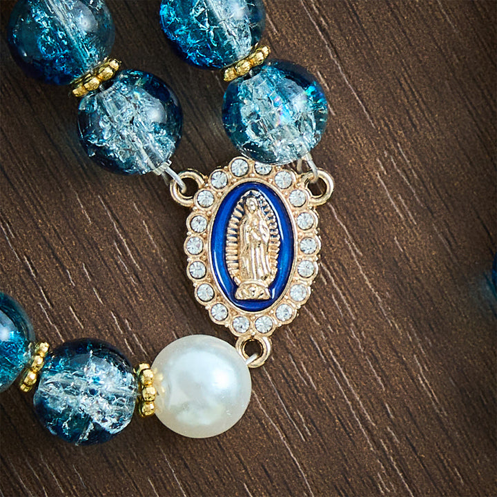 SolaceBeads Gradient Ocean Crackle Glass Rosary &amp; Pearl Embedded Cross: Rooted in Guadalupe Faith - image 3