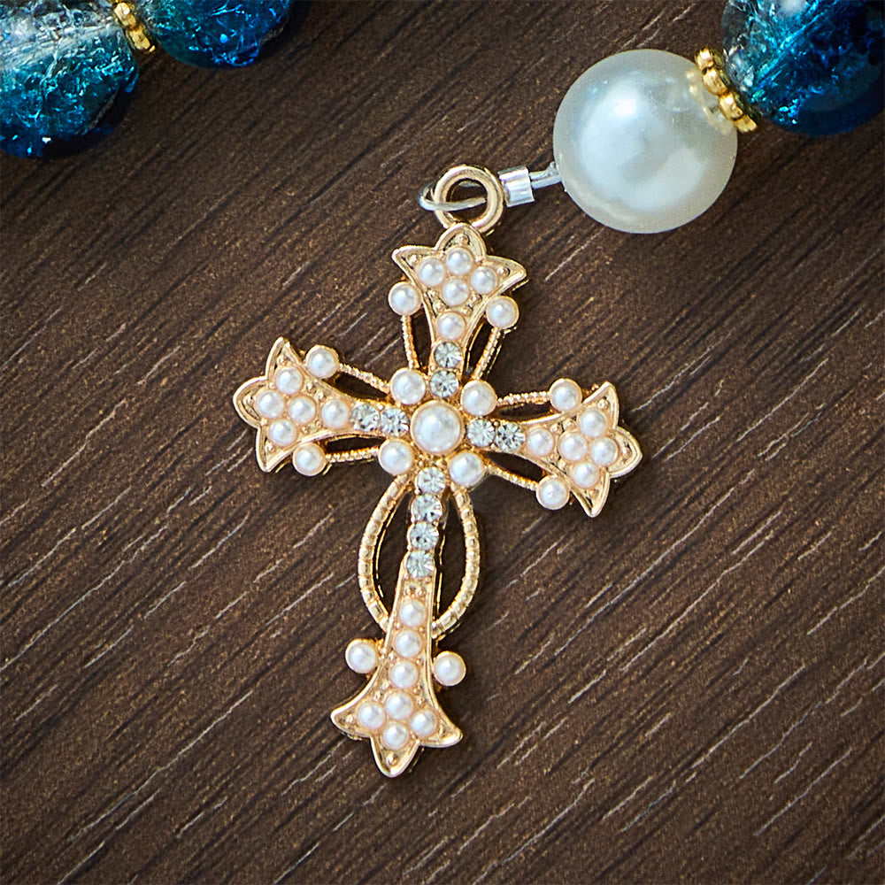 SolaceBeads Gradient Ocean Crackle Glass Rosary &amp; Pearl Embedded Cross: Rooted in Guadalupe Faith - image 4