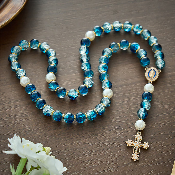 SolaceBeads Gradient Ocean Crackle Glass Rosary &amp; Pearl Embedded Cross: Rooted in Guadalupe Faith - image 9