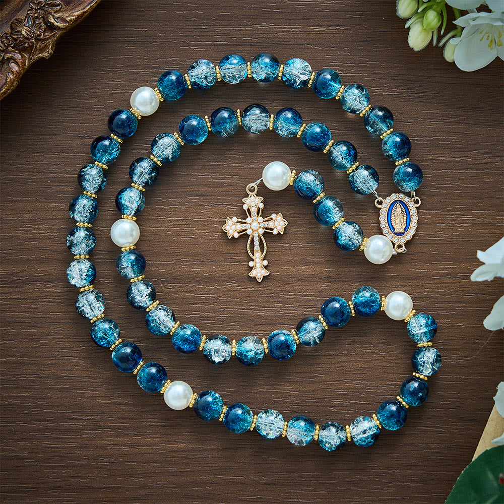SolaceBeads Gradient Ocean Crackle Glass Rosary &amp; Pearl Embedded Cross: Rooted in Guadalupe Faith - image 6