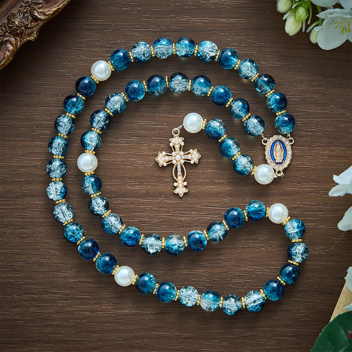 SolaceBeads Gradient Ocean Crackle Glass Rosary &amp; Pearl Embedded Cross: Rooted in Guadalupe Faith - image 6